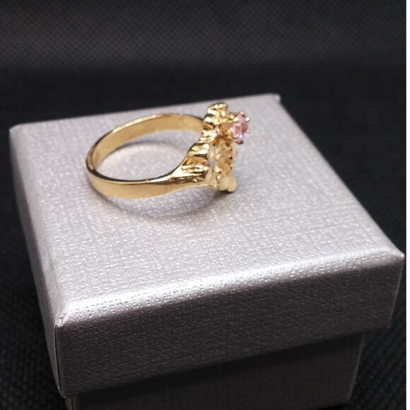 Vintage Hammered Heart Ring Pink Faceted CZ Stone Gold Nugget Rare Art Nouveau - Picture 8 of 15